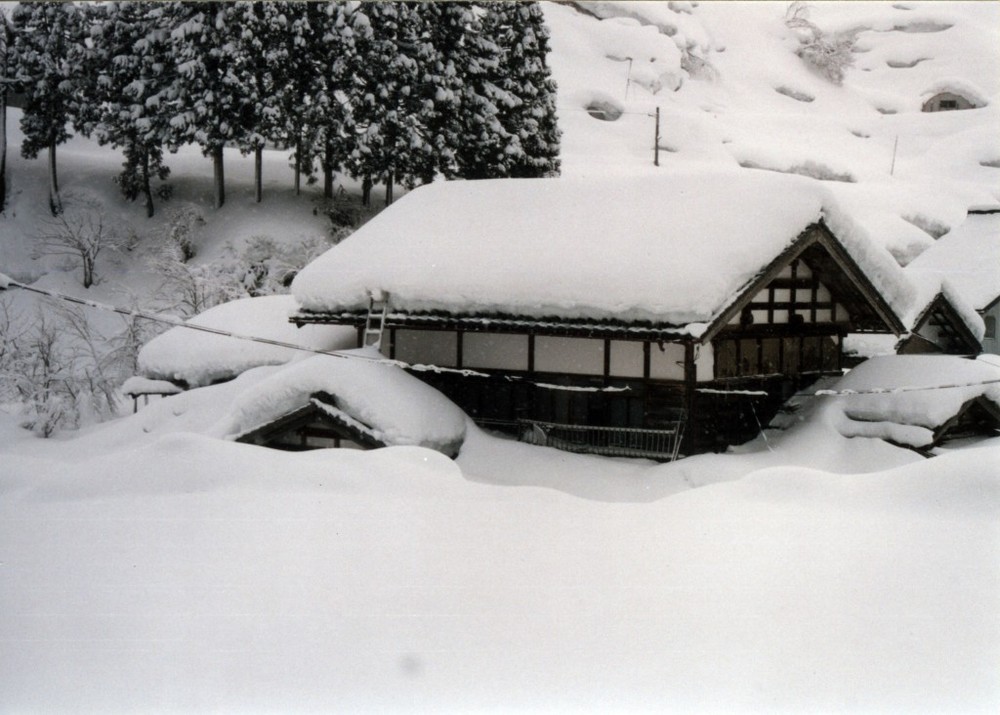 積雪は多いときは5mの高さにまで積もる。屋根の雪下ろしも地域の人々と協力しあって行う。